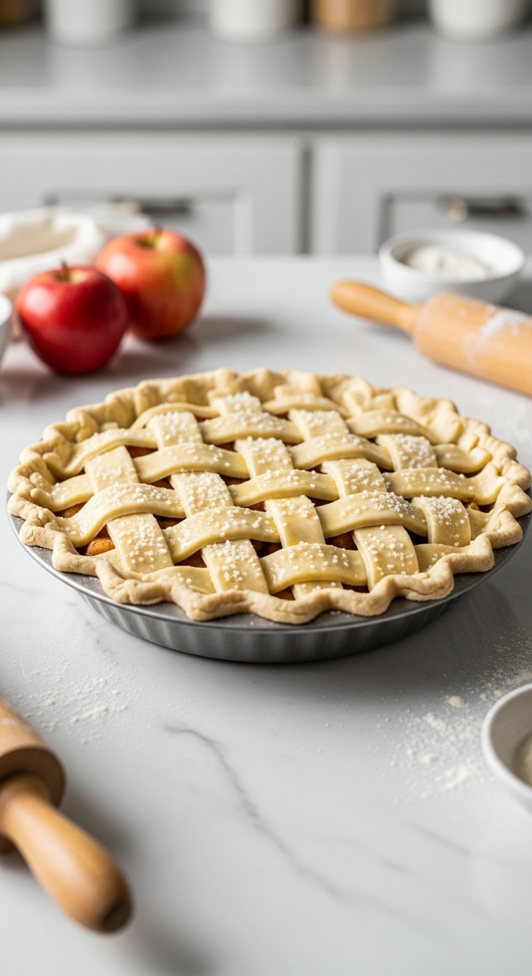 Photorealistic Unbaked Apple Pie With Lattice Crust Egg Wash And Sugar In A Metal Dish On White Marble Countertop Bright Airy Light