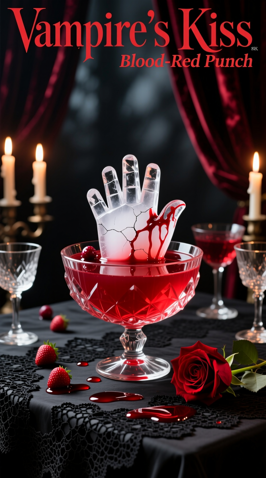 Photorealistic Vibrant Blood-Red Punch In Ornate Glass Bowl With Large Cranberry Juice Ice Hand On Black Lace Tablecloth Moody Candlelight Gothic