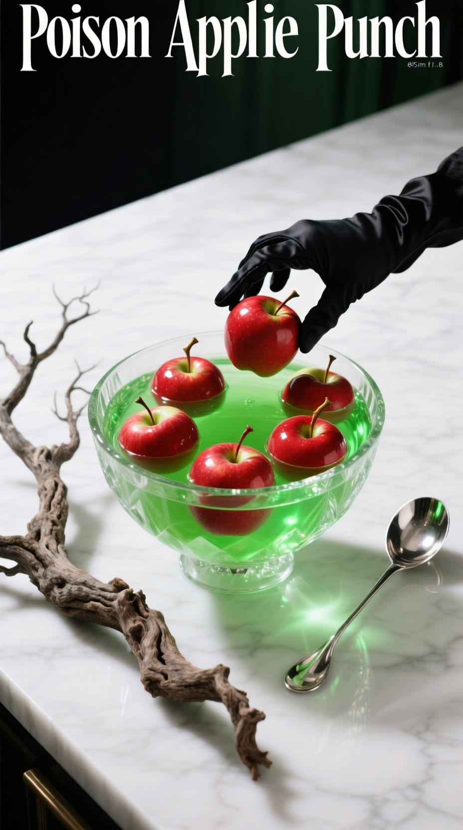 Photorealistic Vibrant Green Poison Apple Punch In Clear Bowl With Bright Red Apples Floating Bright Airy Light Clean Eerie Atmosphere