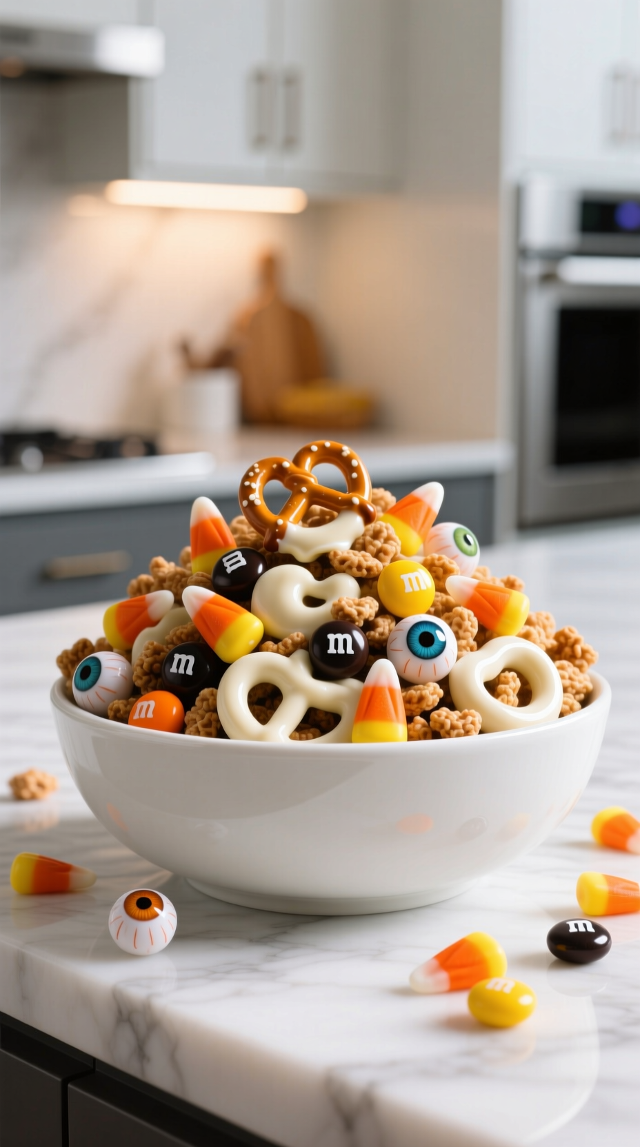Photorealistic Vibrant No-Bake White Chocolate Monster Munch With Chex Pretzels Mms Candy Corn And Candy Eyeballs In White Ceramic Bowl Bright Light