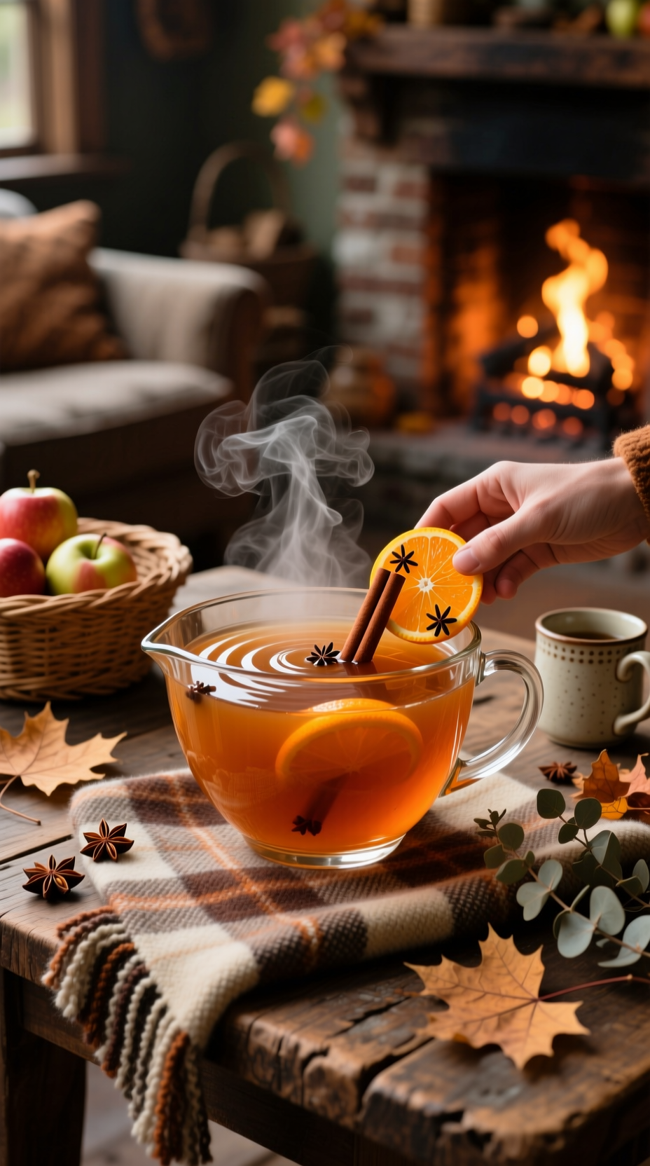 Photorealistic Warm Amber Spiced Cider Punch In Glass Bowl With Orange Slices Cloves Star Anise And Cinnamon Sticks Cozy Autumnal