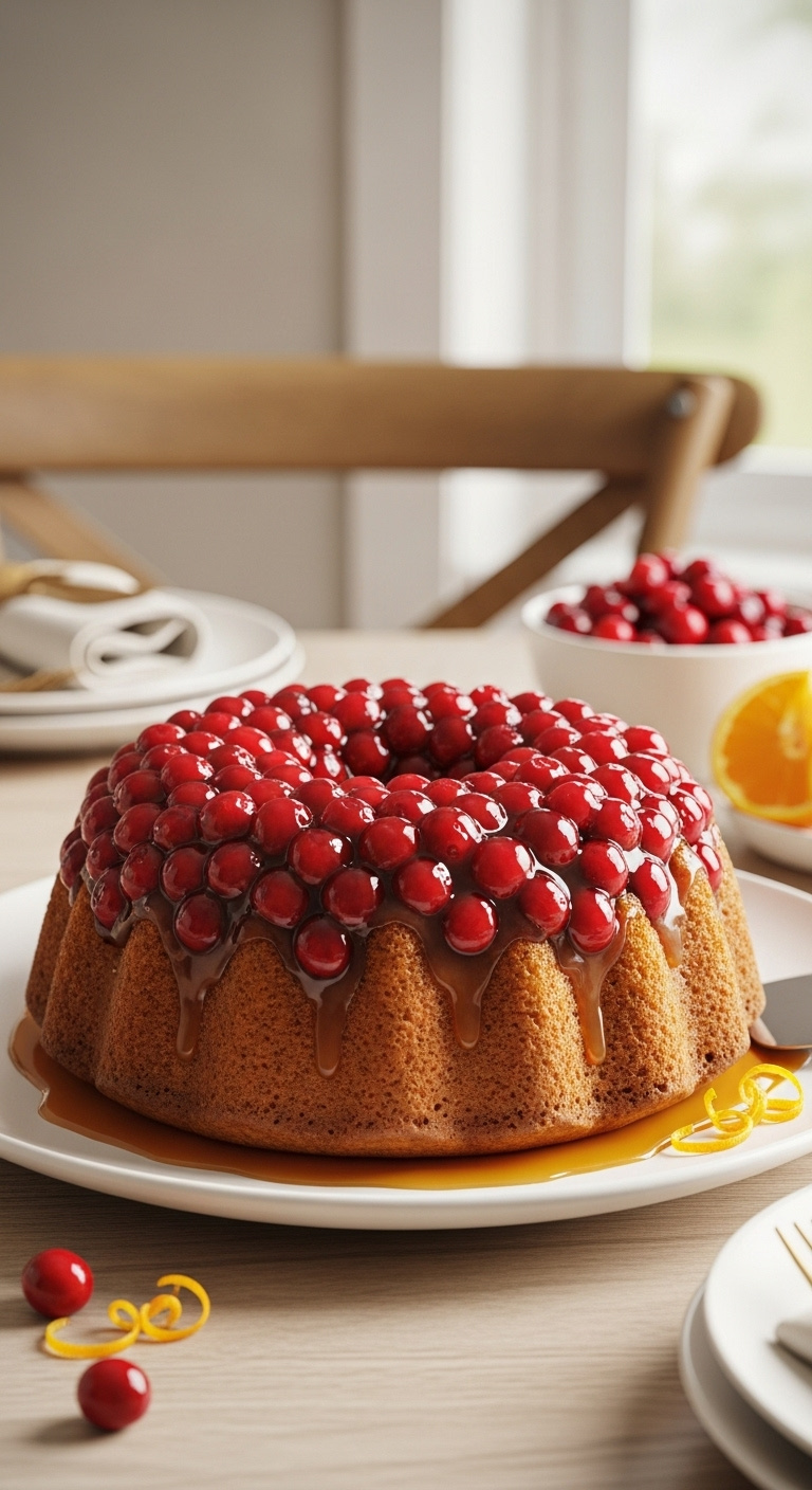 Photorealistic Whole Cranberry Upside-Down Cake With Glistening Cranberries And Caramel Glaze On White Platter Bright Festive Light