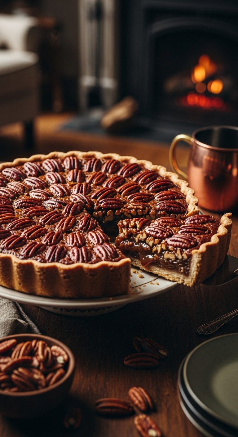 Photorealistic Whole Pecan Pie With A Removed Slice Showing Gooey Interior On Vintage Cake Stand Dark Wood Warm Moody Light Cozy Scene