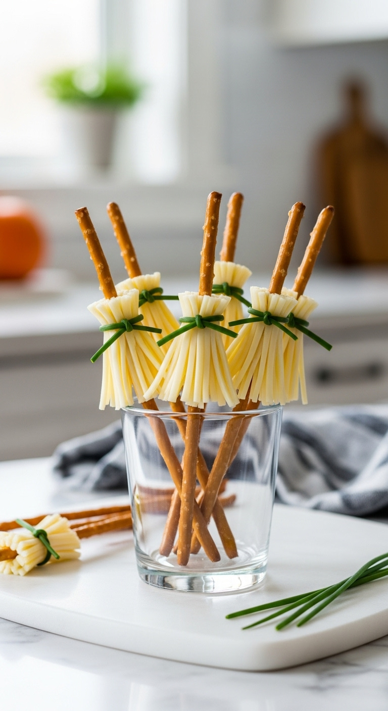 Photorealistic Witch Broomstick Snacks Made From Pretzel Sticks And Fringed String Cheese With Chive Ties Standing In A Glass
