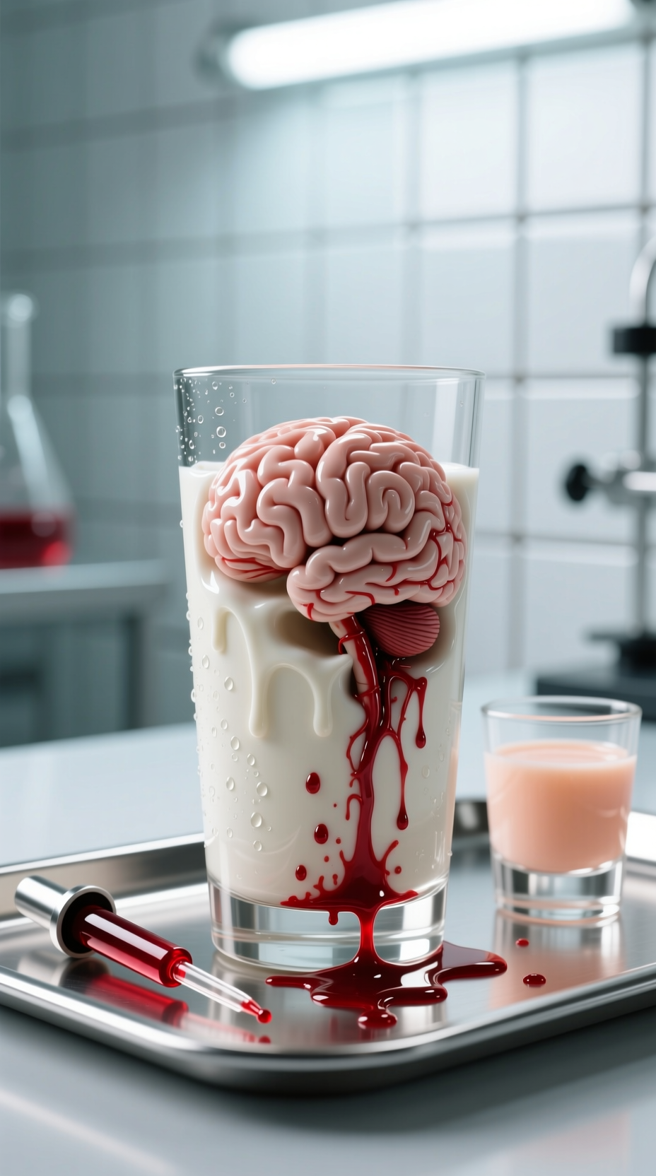 Photorealistic Zombie Brain Hemorrhage Shot With Curdled Irish Cream Peach Schnapps And Grenadine Blood In A Shot Glass Clinical Mood