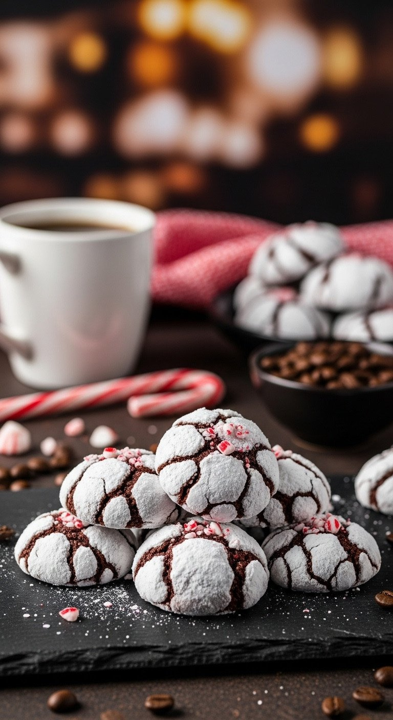 Pile Of Peppermint Mocha Crinkle Cookies With White Powdered Sugar, Crushed Peppermint, On Dark Slate With Mocha.