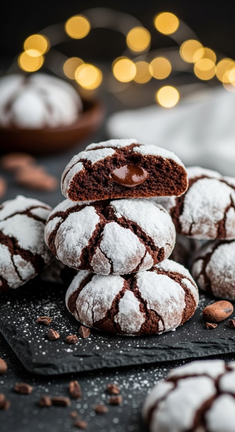 Pile Of Fudgy Chocolate Crinkle Cookies With White Powdered Sugar Cracks On Dark Slate. Festive Bokeh Lights, Cocoa Nibs.