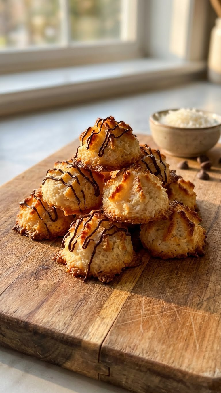 Pile Of Golden-Brown 3-Ingredient Coconut Macaroons With Toasted Peaks And Chocolate Drizzle On A Rustic Wooden Board.