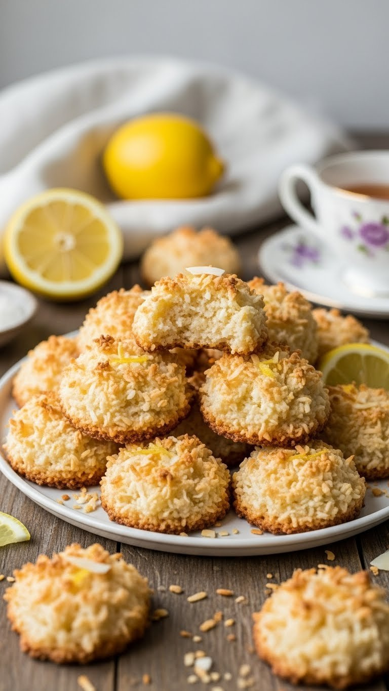 Pile Of Golden-Brown Sugar-Free Lemon Coconut Macaroons With Toasted Edges And Lemon Drizzle On Rustic Wooden Table With Lemon Slices