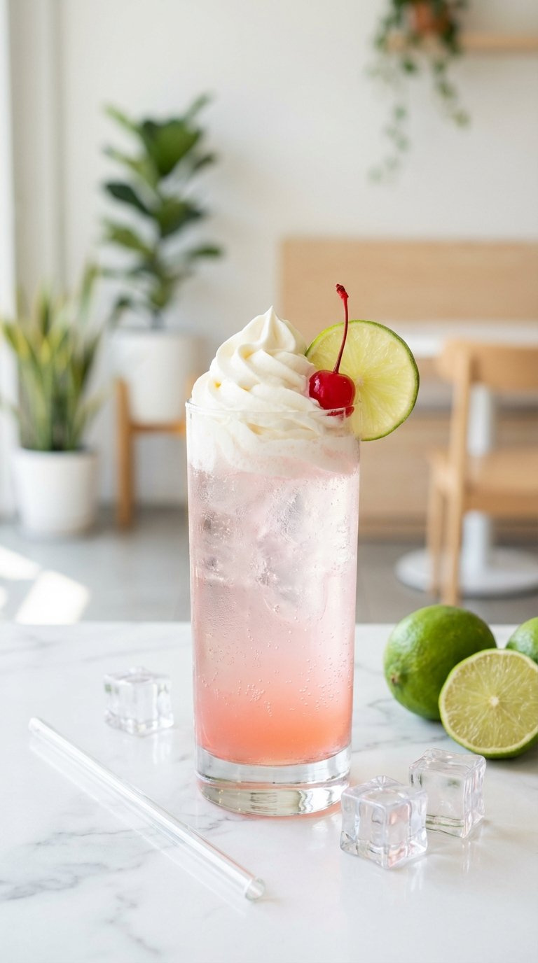 Pink Lady Sonic Beverage In Tall Glass With Sweet Cream Swirl, Cherry Garnish, And Lime Wedge On Marble Countertop