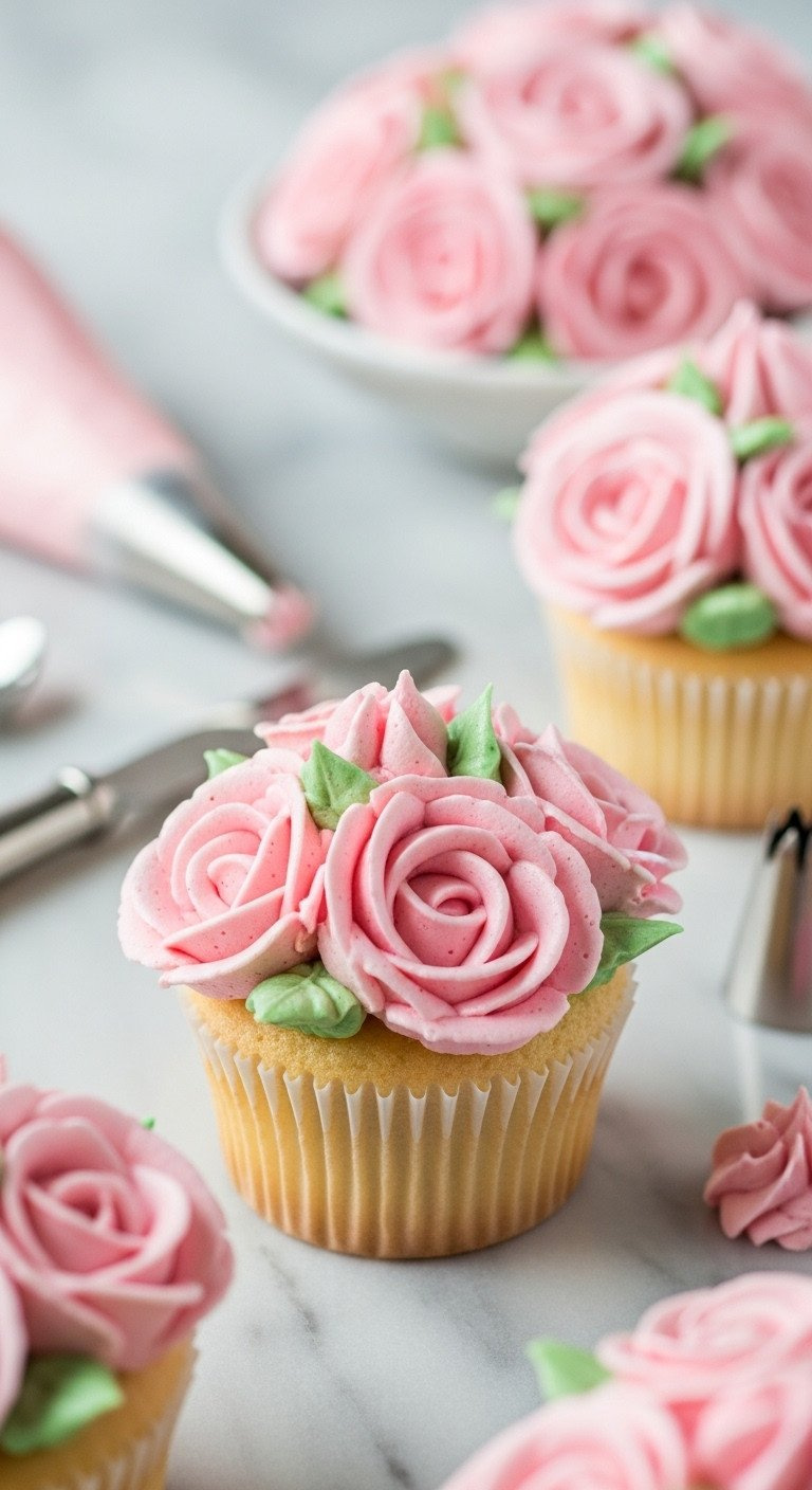 Pink Swiss Meringue Buttercream Roses On Cupcakes, Delicate And Velvety. Close-Up On Marble, Piping Tools; Elegant, Professional Dessert Art.
