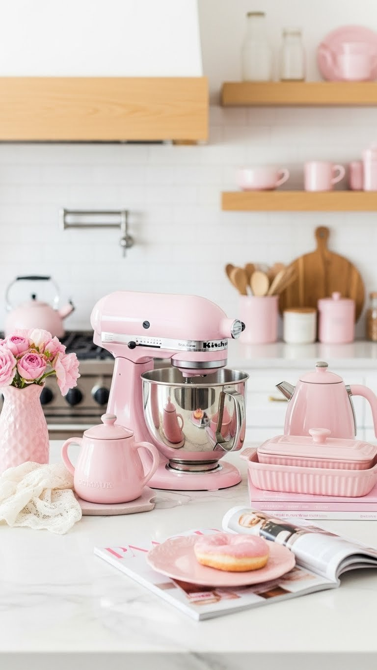 Pink Aesthetic Kitchen Counter Featuring Kitchenaid Mixer And Ceramic Baking Dishes Arranged On White Marble Surface With Flowers.