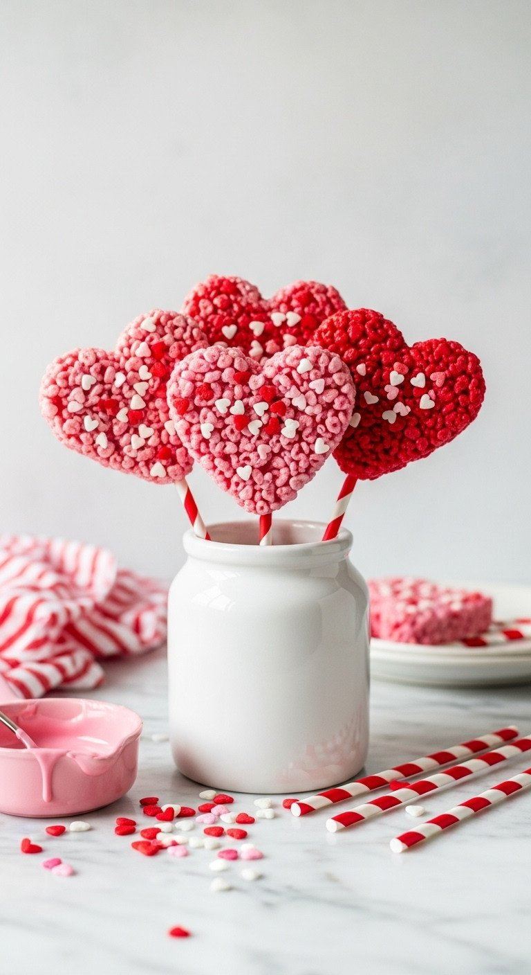 Pink And Red Heart-Shaped Rice Krispie Pops With White Sprinkles In A White Jar On A Marble Counter, Perfect For Valentine's Treats.
