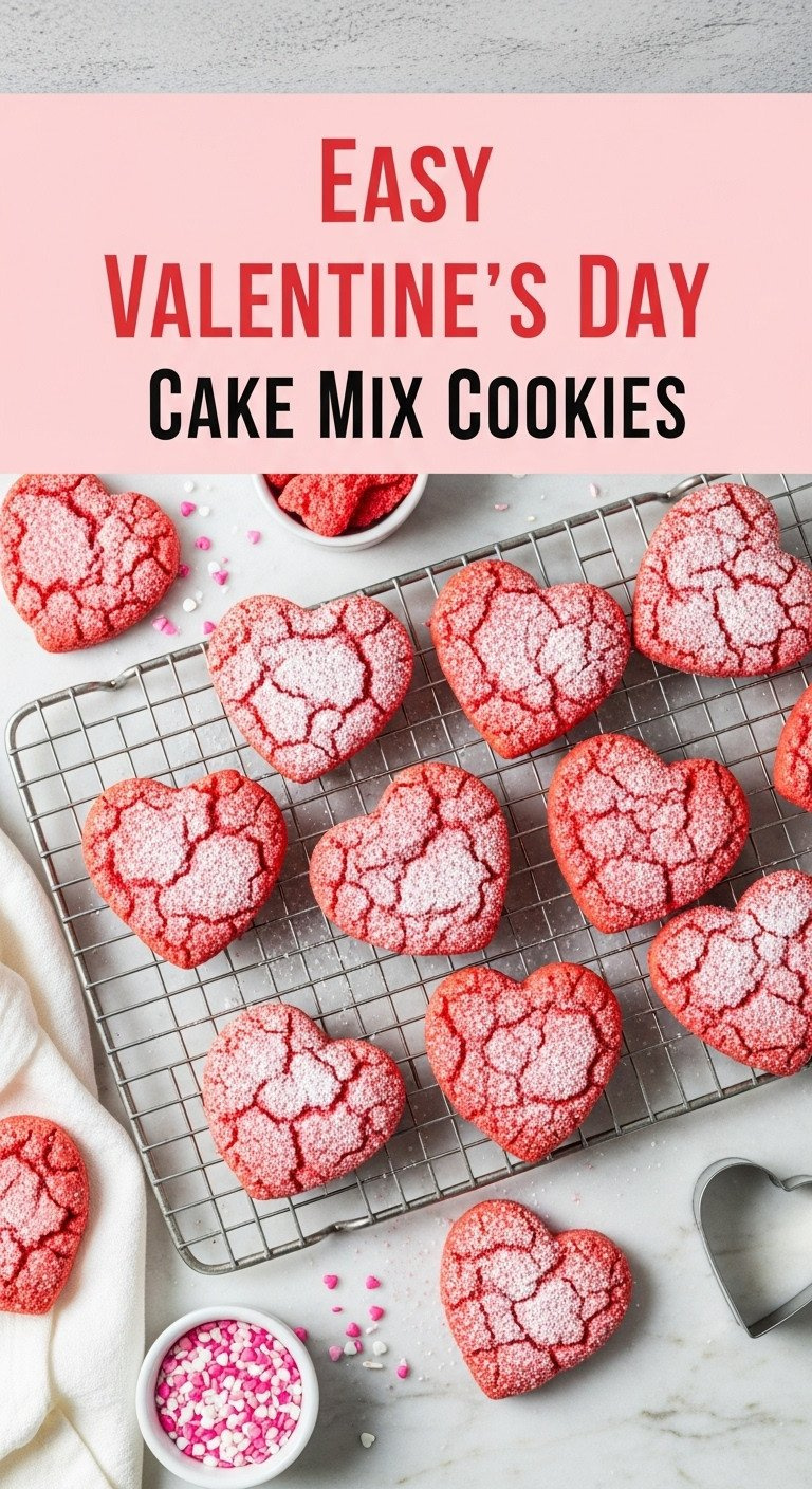 Pink And Red Heart-Shaped Valentine's Day Cake Mix Cookies, Lightly Dusted With Powdered Sugar, Cooling On A Wire Rack, With Sprinkles.