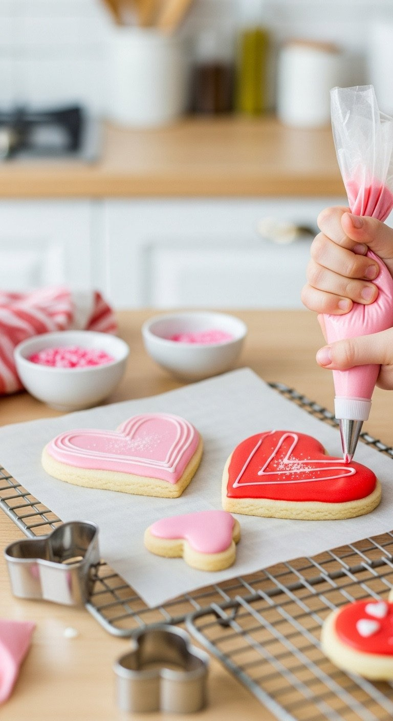 Pink And Red Heart Sugar Cookies With Edible Glitter, Being Decorated By A Child's Hand With A Piping Bag On A Wooden Counter, Cozy Scene.