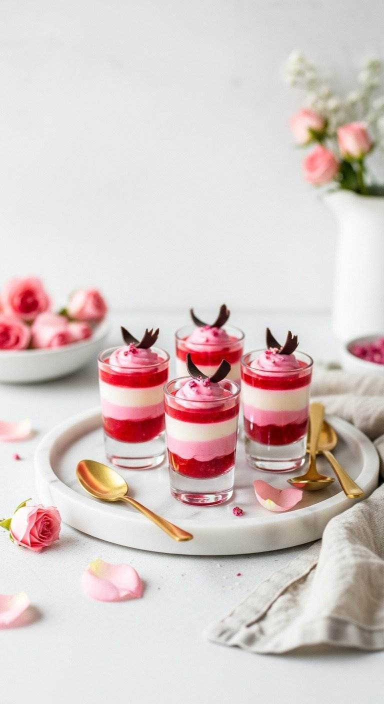 Pink And White Layered Dessert Shooters With Chocolate Curls, Edible Shimmer, Gold Spoons On A Marble Tray.