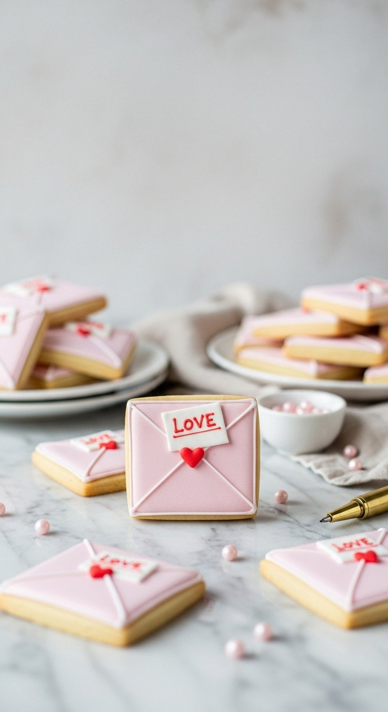 Pink And White Love Letter Sugar Cookies With Royal Icing Details, Edible Pearls On Marble. Perfect Valentine's Day Baked Gifts.