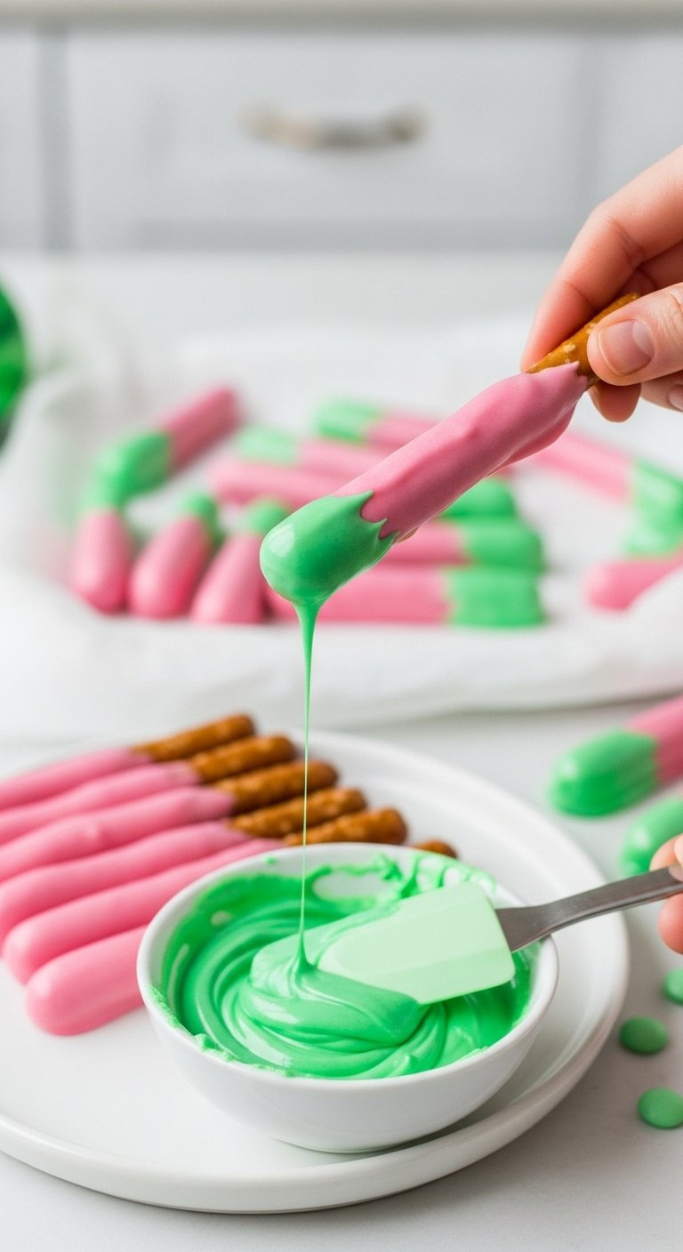 Pink Chocolate Pretzel Rod Receiving A Green Tip Dip To Create A Watermelon Design.