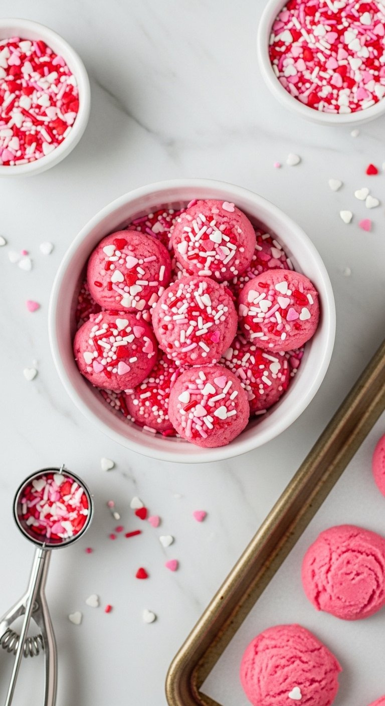 Pink Cookie Dough Balls Rolled In Valentine's Day Sprinkles On Marble.