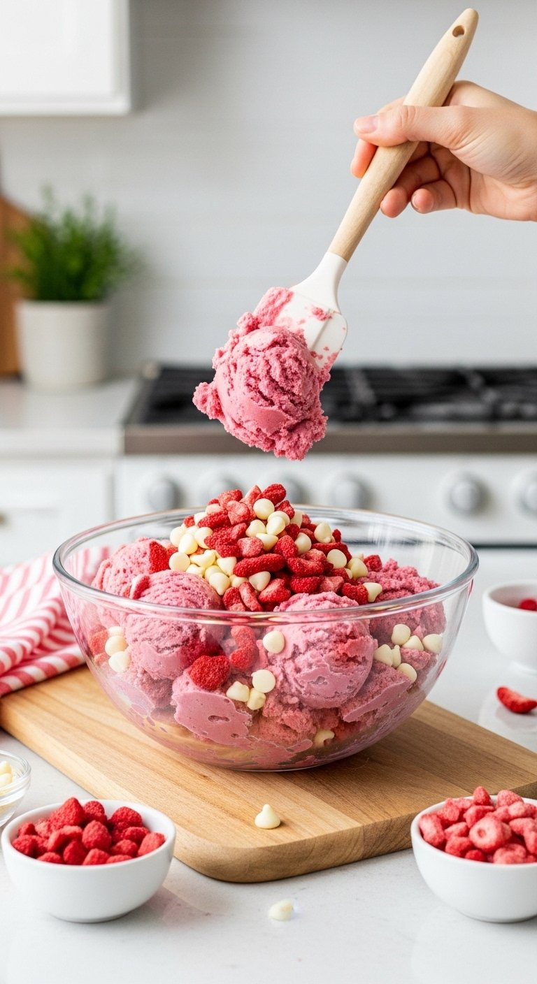 Pink Cookie Dough Mixed With White Chocolate Chips And Strawberries.