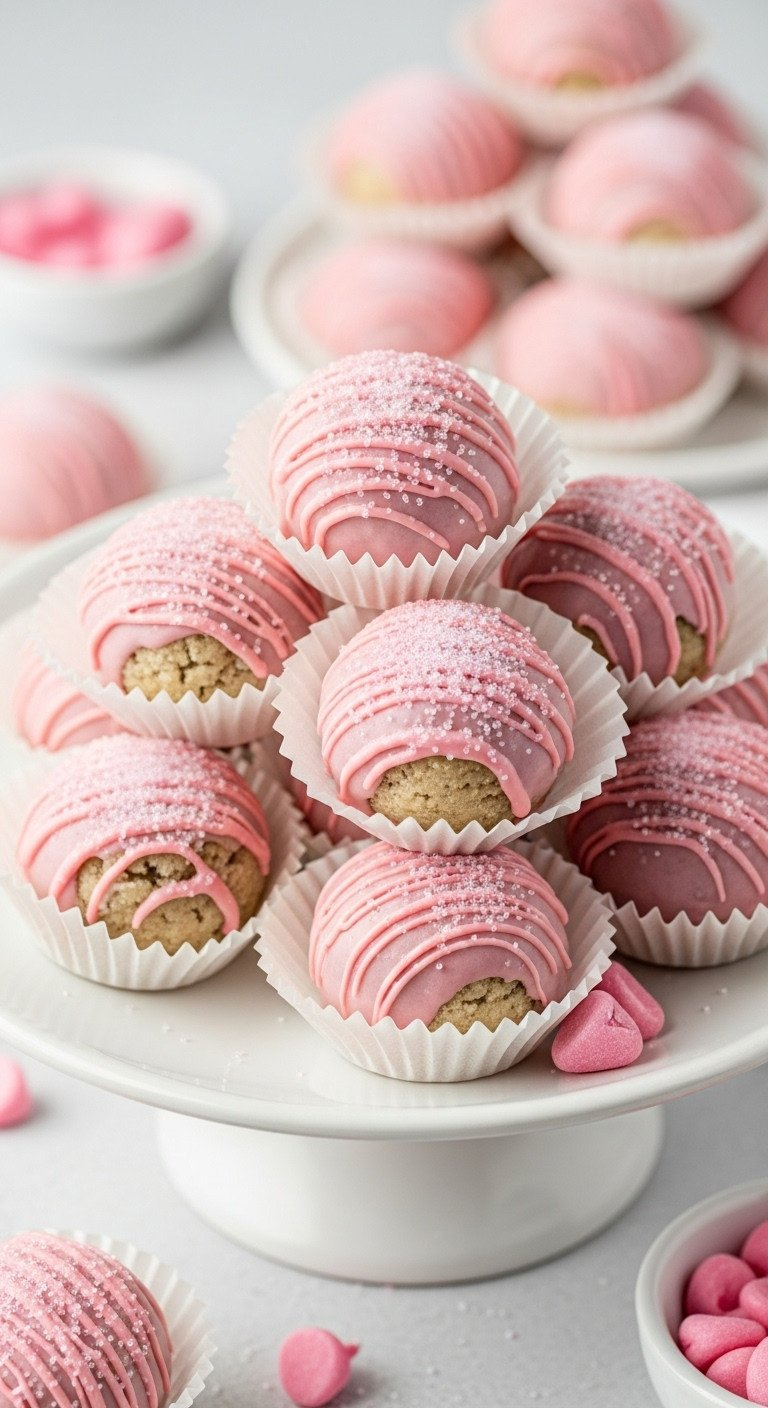 Pink Cookie Dough Truffles, Dipped In Chocolate And Dusted With Sanding Sugar In Fluted Cups On A White Platter.