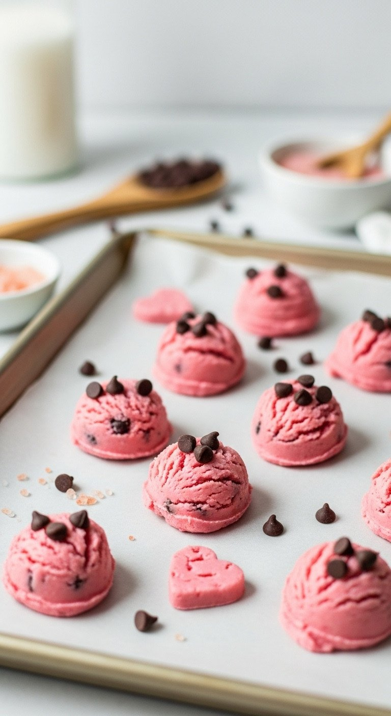 Pink Edible Chocolate Chip Cookie Dough Hearts Scattered On Parchment Paper With Mini Chips, A Delicious No-Bake Treat.