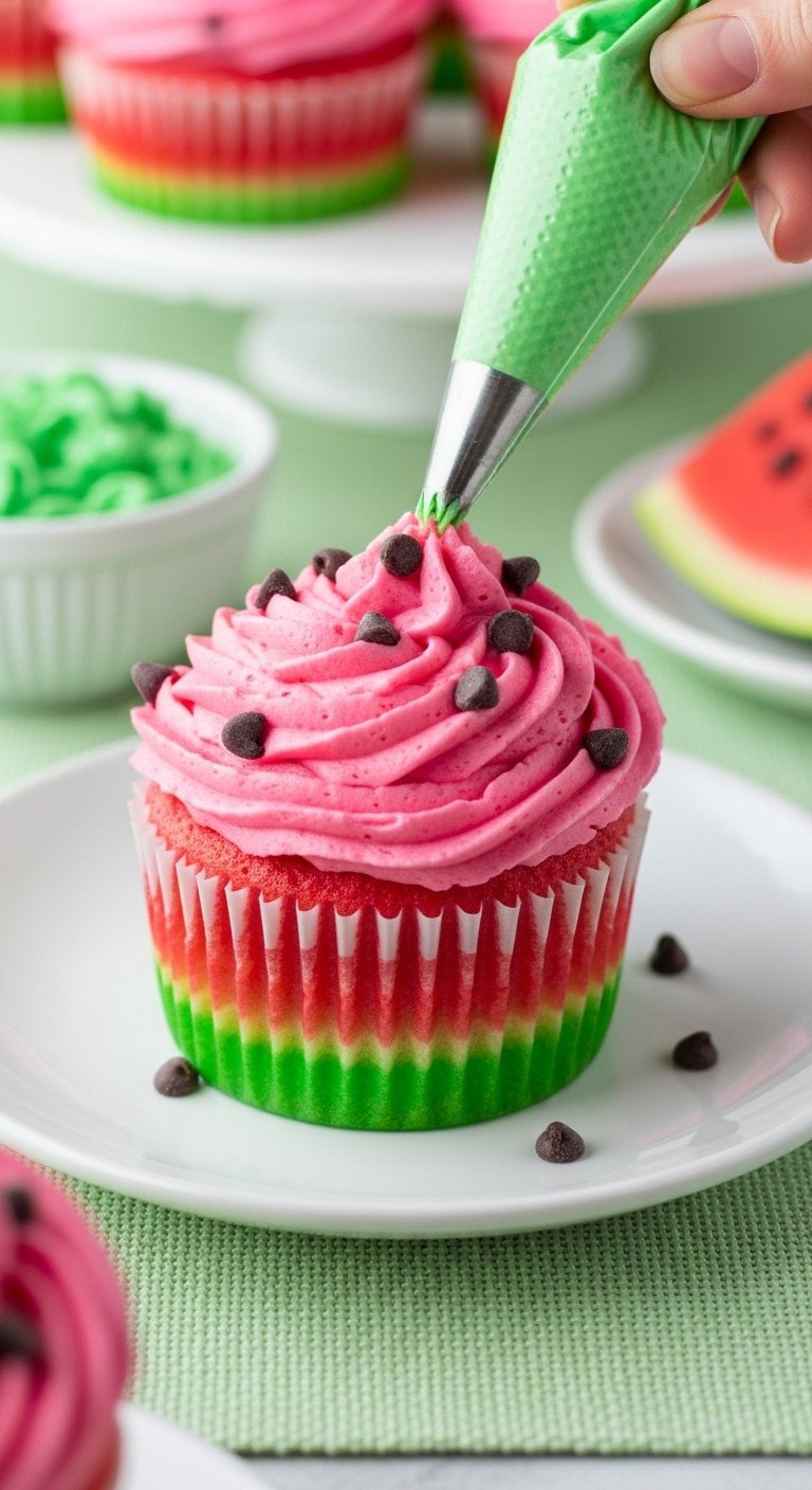 Pink Frosted Cupcake Topped With Chocolate Chips And A Green Frosting Ring Mimicking A Watermelon Rind.
