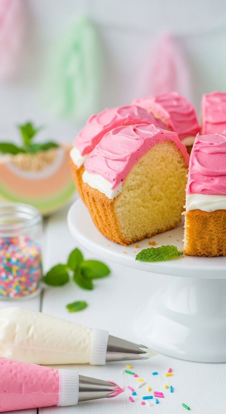 Pink Frosted Cupcakes Bordered By A Neat White Stripe Of Buttercream On A Cake Stand.