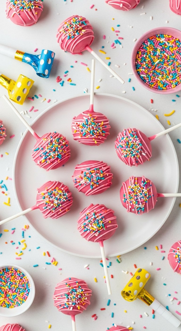 Pink Funfetti Cake Pop Covered In Rainbow Nonpareils On A White Surface With Scattered Sprinkles.
