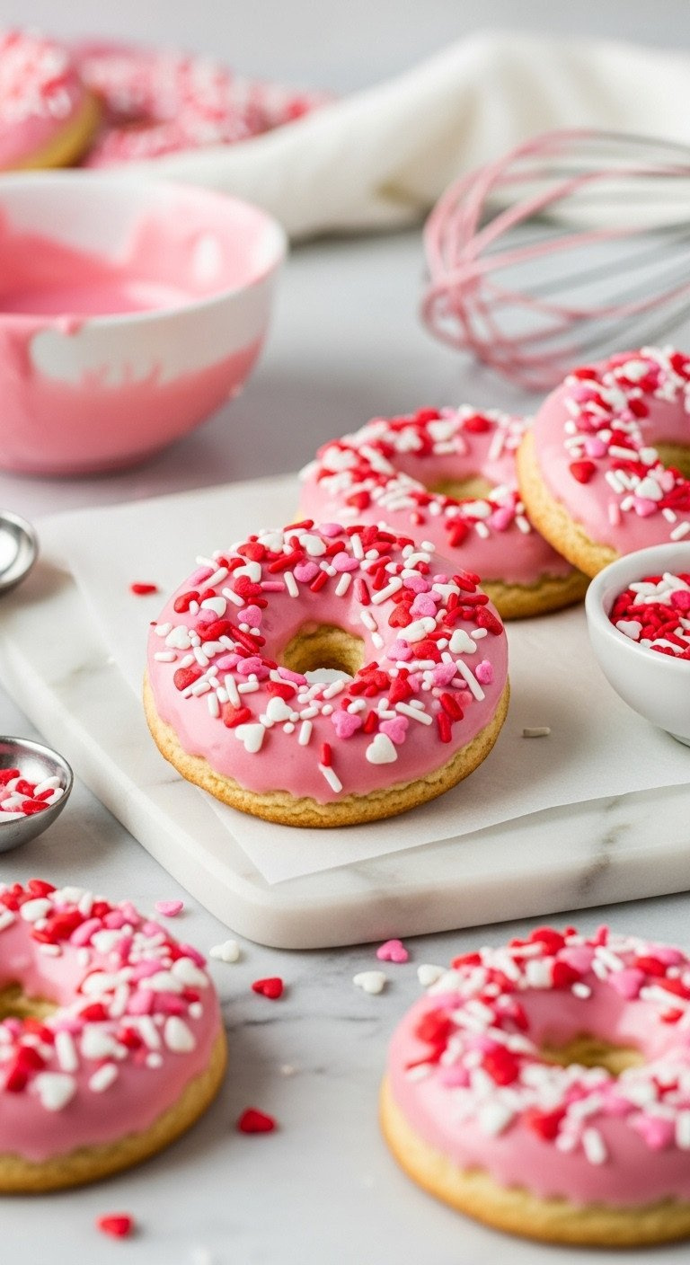 Pink Glazed Doughnut Cookies With Valentine Sprinkles On A Marble Countertop, Sweet Homey Baked Treats.