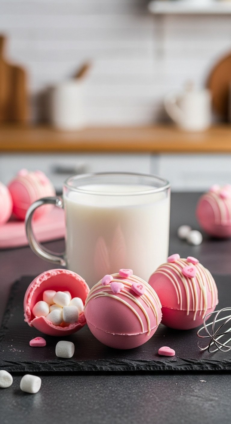 Pink Hot Chocolate Bombs With White Drizzle And Tiny Conversation Hearts Next To A Mug Of Hot Milk, Cozy Treat.