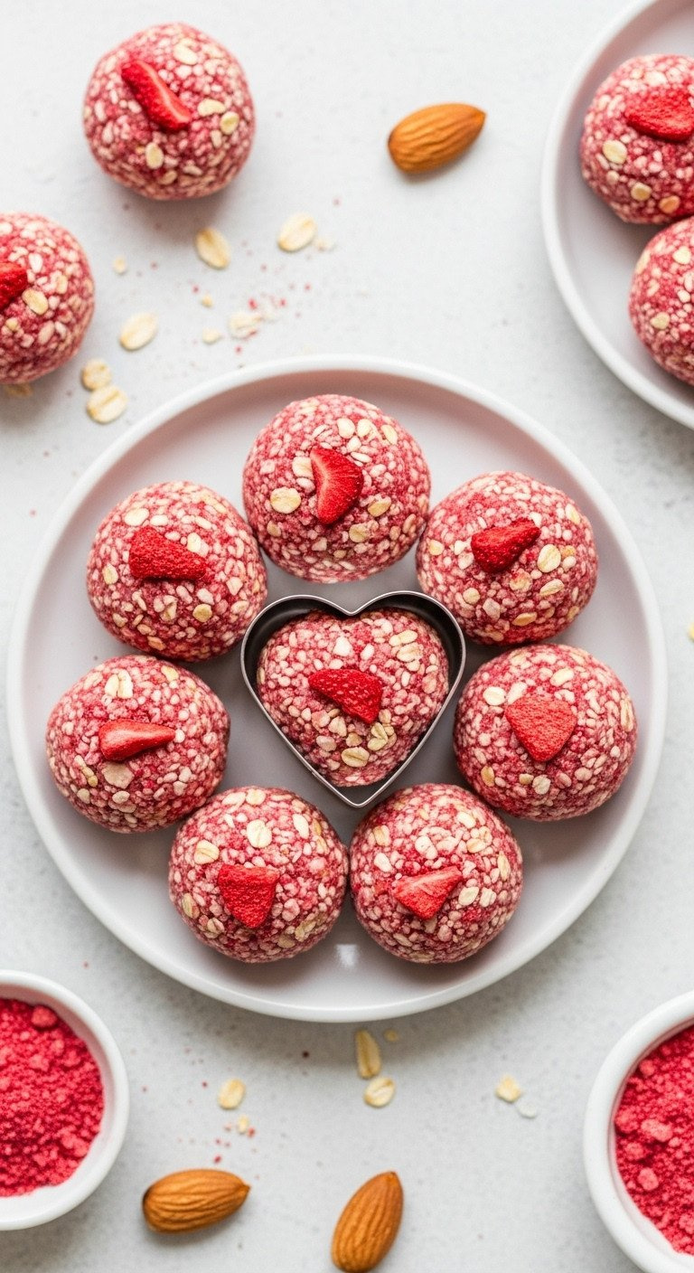 Pink No-Bake Heart-Shaped Energy Balls With Oats, Nuts, Dried Strawberries On Plate. Healthy, Gluten-Free Snack.