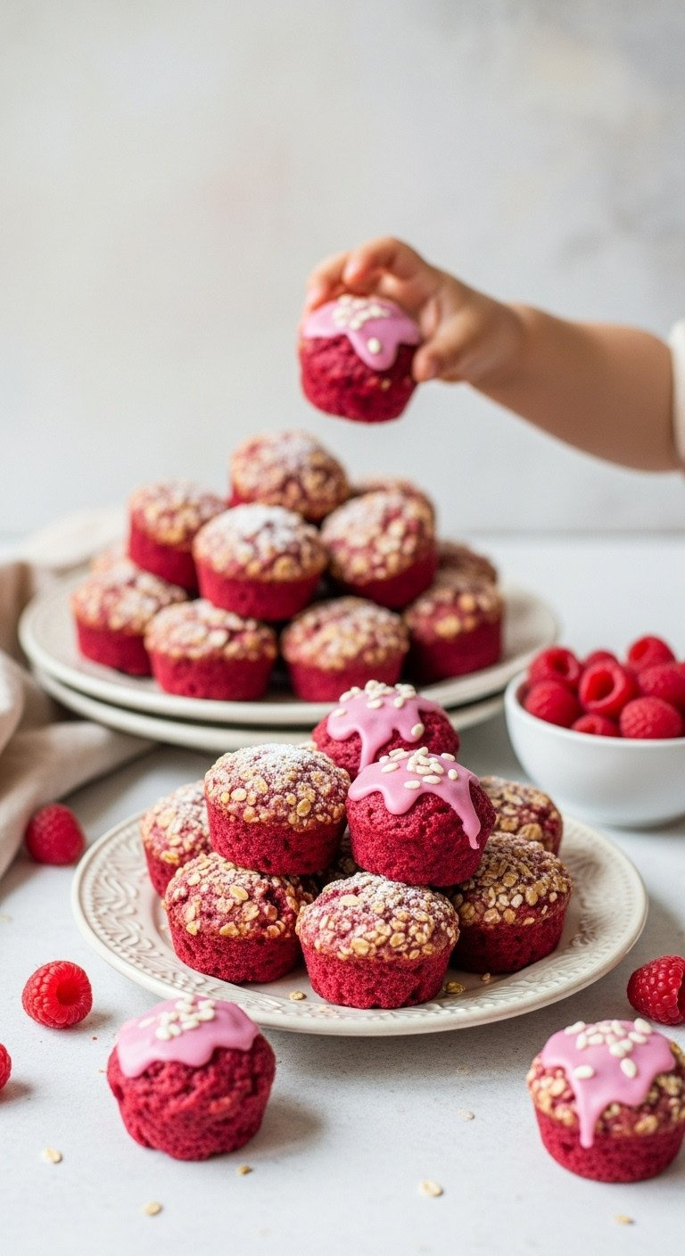 Pink Oat-Flecked Mini Muffins On A Tiered Plate, Natural Light. Toddler Hand Reaches For A Muffin, Fresh Raspberries, Wholesome Snack.