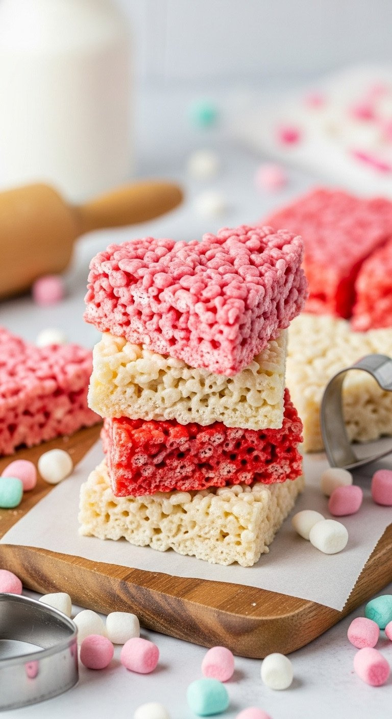 Pink, Red, And White Heart-Shaped Rice Krispie Treats Stacked On A Wooden Cutting Board, Vibrant Valentine's Dessert.