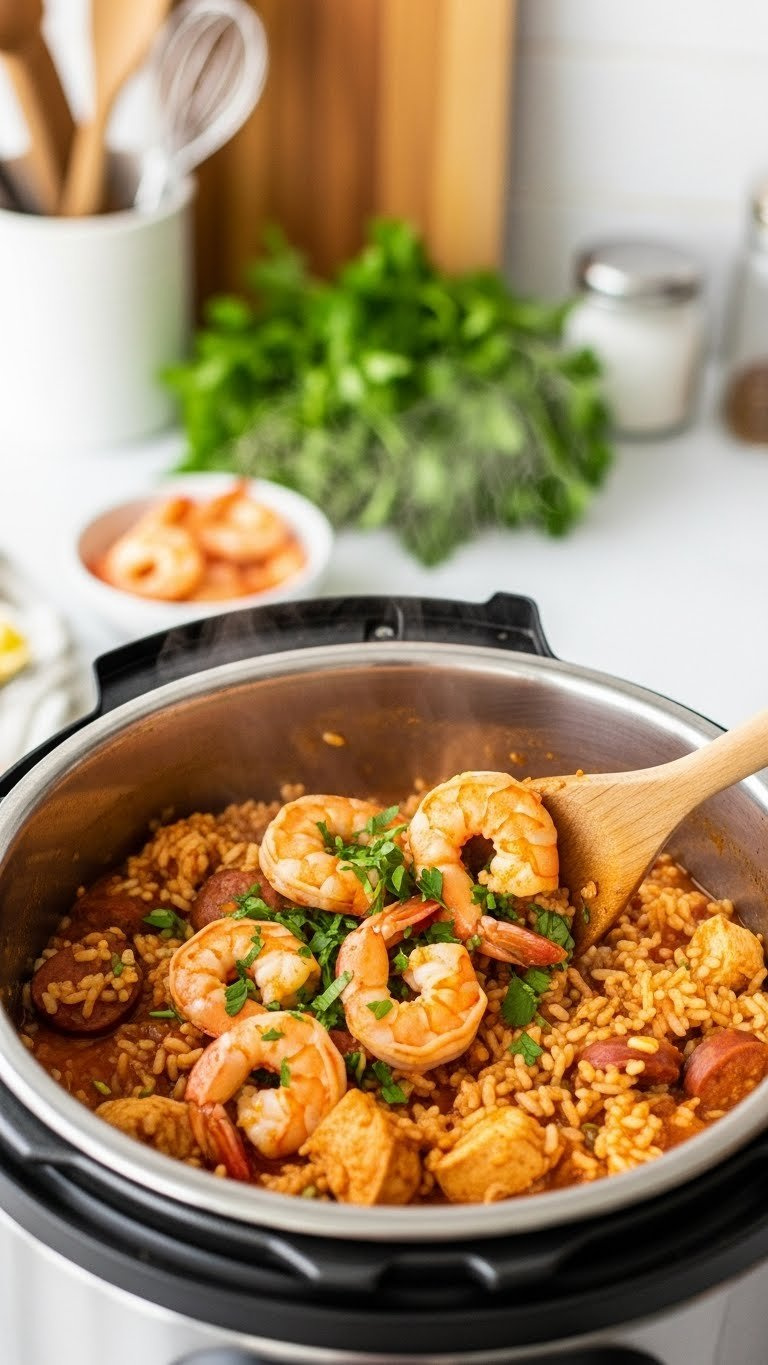 Pink Shrimp And Fresh Green Parsley Being Stirred Into Rich Instant Pot Jambalaya With Chicken And Sausage.
