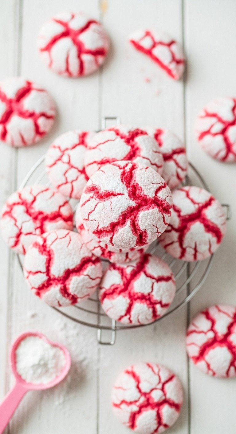 Pink Velvet Crinkle Cookies With Powdered Sugar Crevices, Stacked On Cooling Rack. Homemade Dessert With Heart Spoon.