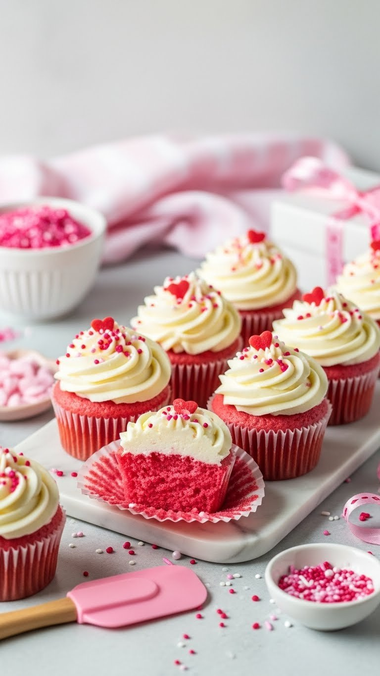 Pink Velvet Cupcakes With Cream Cheese Frosting Topped With Sprinkles And Hearts On Light Grey Marble Countertop