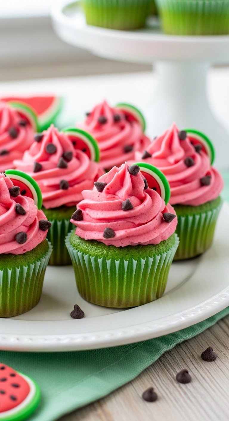 Pink Watermelon Cupcakes With Green Wrappers And Chocolate Chip Seeds On A White Ceramic Platter.