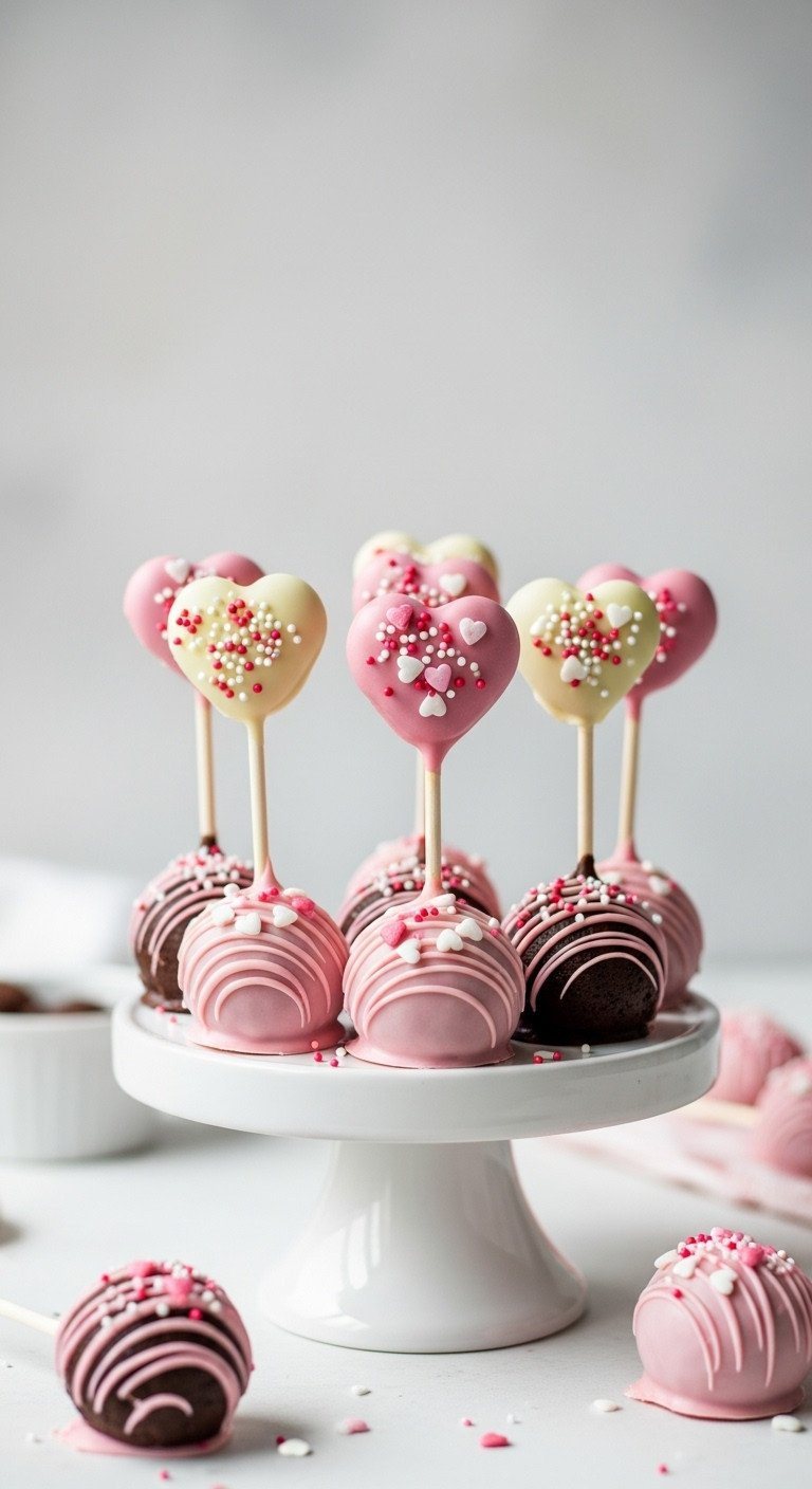 Pink &Amp; White Chocolate-Covered Brownie Bites With Heart Sprinkles On A Tiered White Serving Tray, Eye-Level Close-Up.