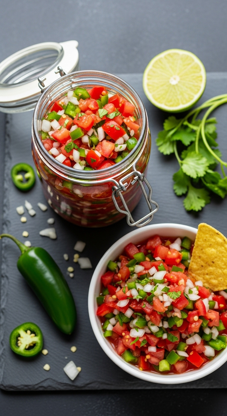 Pint Jar Of Chunky Salsa With Diced Tomatoes Green Peppers Onions And Cilantro A Bowl Of Salsa With A Tortilla Chip
