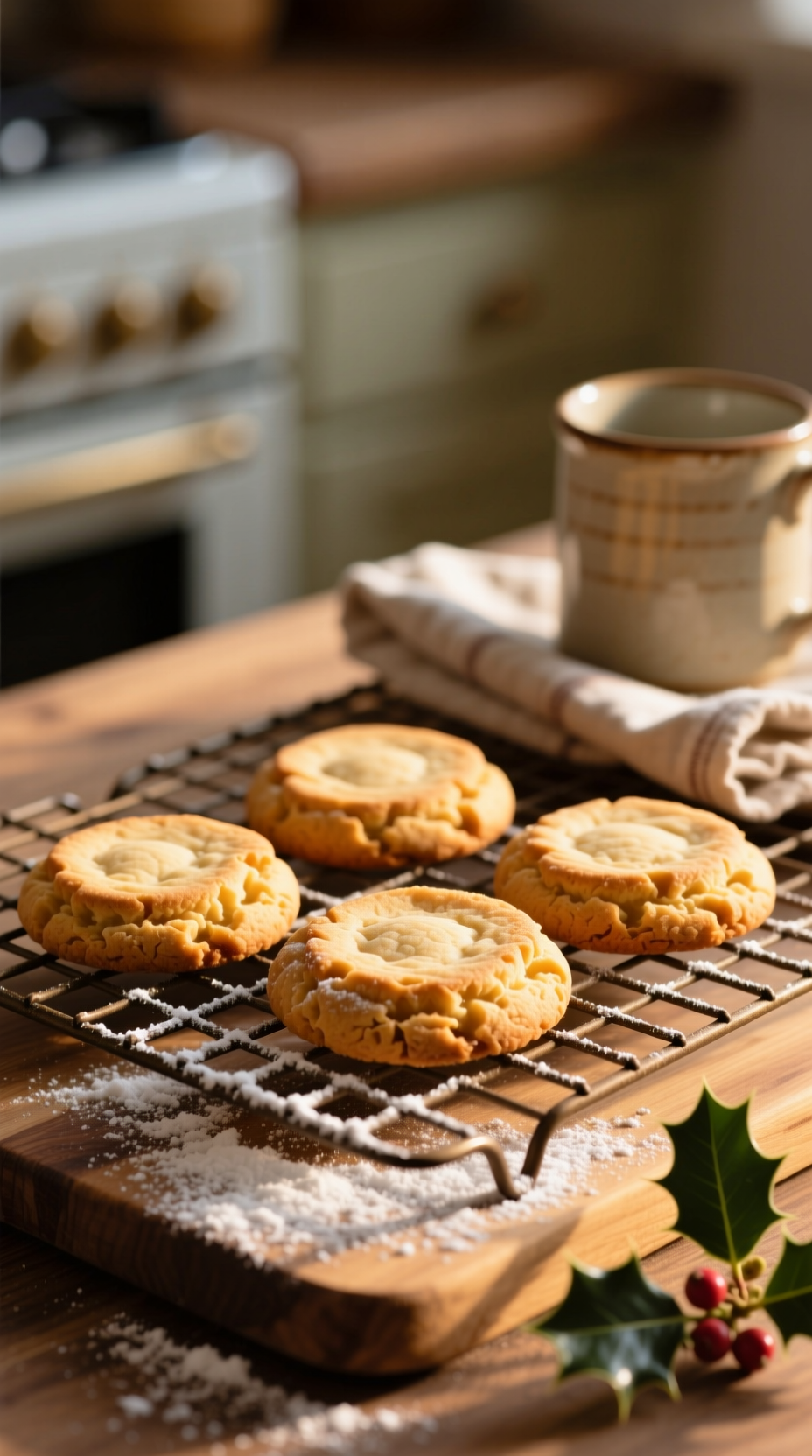 Pinterest-Style Golden-Brown 4-Ingredient Magic Cookies With Powdered Sugar On A Cooling Rack, Rustic Table, Cozy Kitchen, Warm Light, Holly.