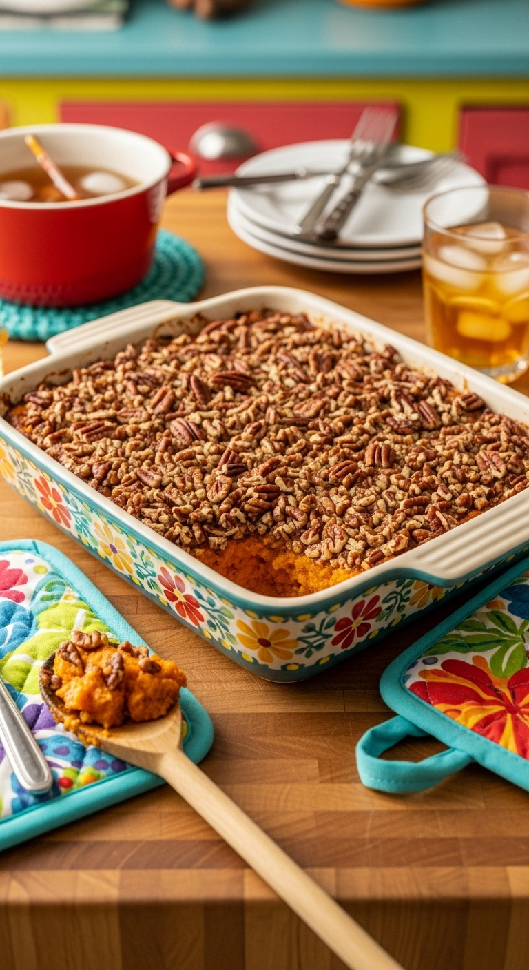 Pioneer Woman Inspired Sweet Potato Casserole With Abundant Pecan Topping In A Floral Dish On A Butcher Block Counter