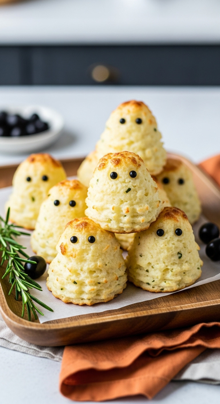 Piped Mashed Potato Ghosts With Googly Eyes, Baked Golden-Brown, On A Rustic Wooden Tray With Rosemary, Perfect Halloween Snack.