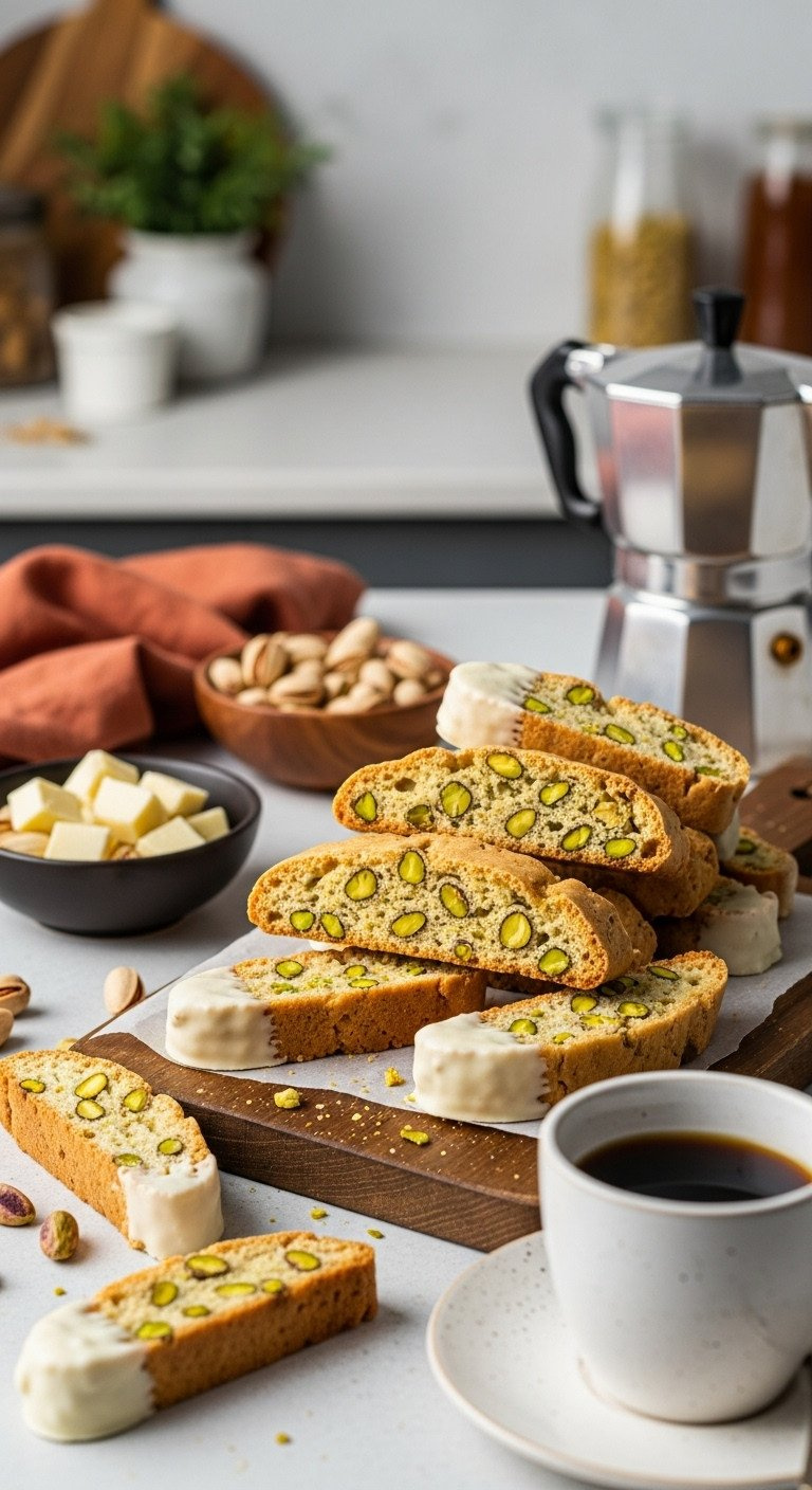 Pistachio White Chocolate Biscotti Slices With Green Pistachios, Dipped In White Chocolate, On Wood With Coffee.