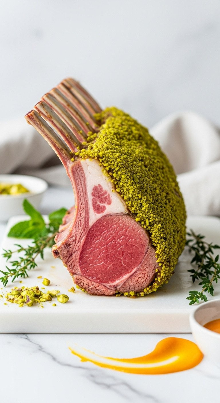 Pistachio-Crusted Frenched Rack Of Lamb, Medium-Rare, On White Marble. Vibrant Green Crust, Pink Interior, Elegant.