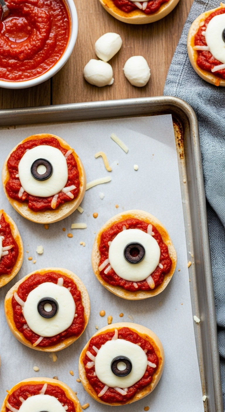 Pizza Bagel Eyeballs With Red Sauce Mozzarella And Black Olive Pupil On Parchment Paper And Baking Sheet