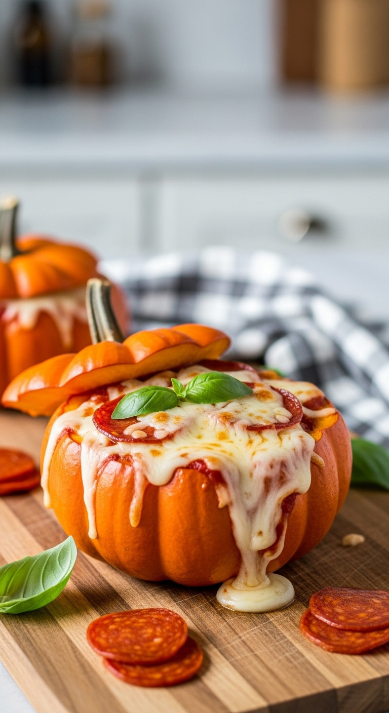 Pizza Stuffed Pumpkin With Melted Mozzarella Pepperoni And Marinara Sauce On A Wooden Cutting Board