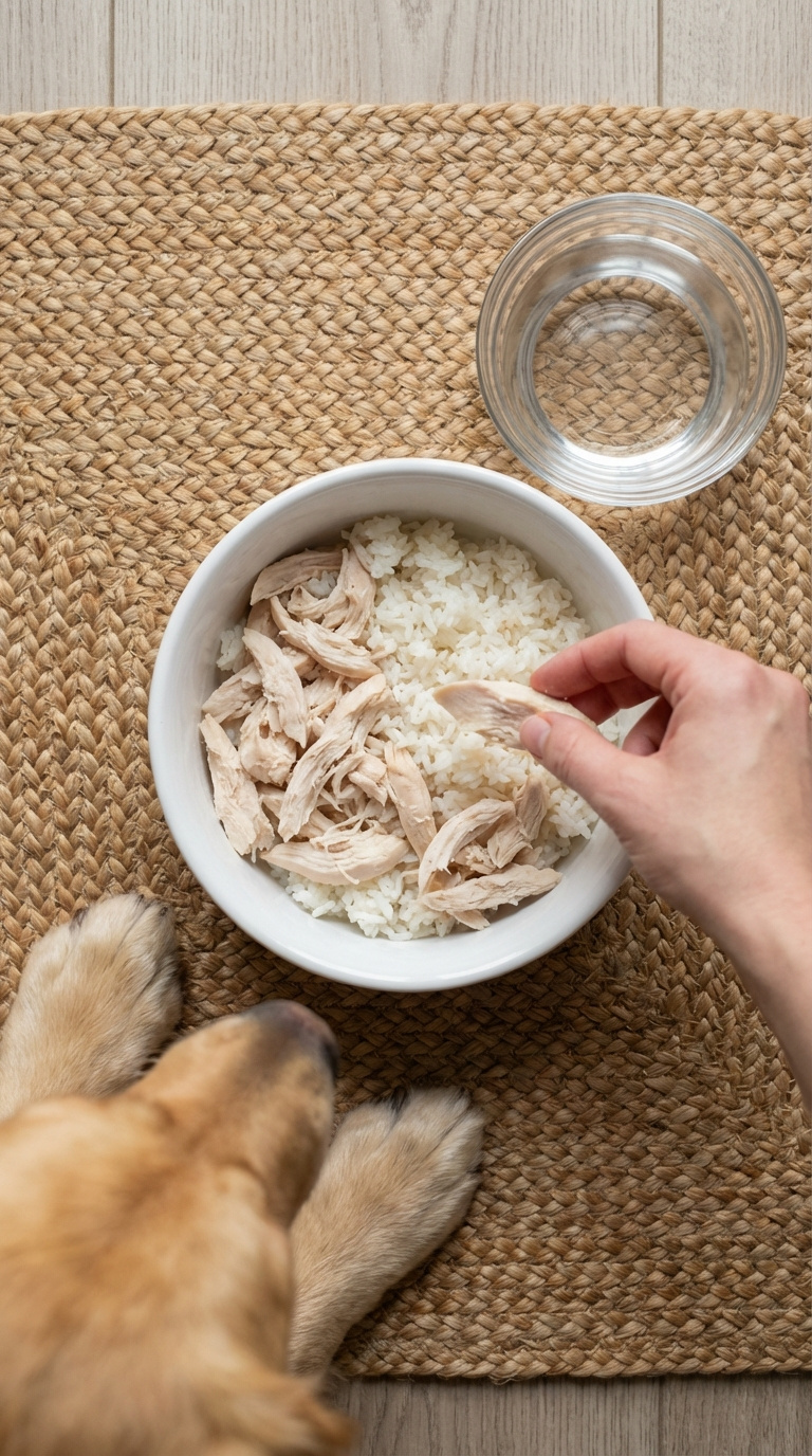 Plain Chicken And Rice Dog Meal With Shredded Chicken Mixed With White Rice In Dog Bowl