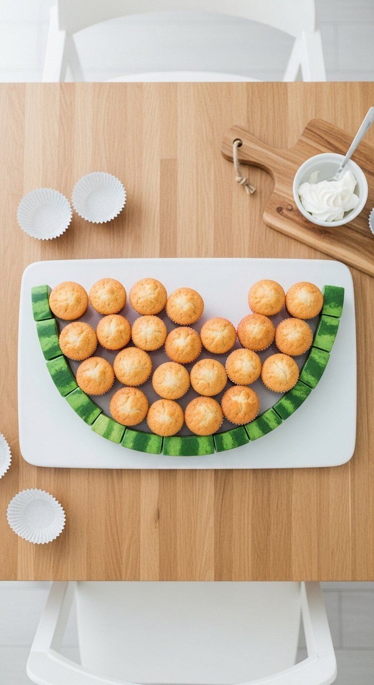 Plain Cupcakes Arranged In A Semi-Circular Watermelon Shape On A White Serving Board.