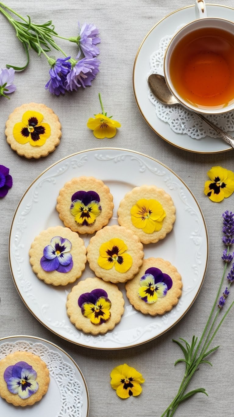 Plate Of Delicate Shortbread Cookies Pressed With Edible Flowers Arranged On Vintage Ceramic Plate.